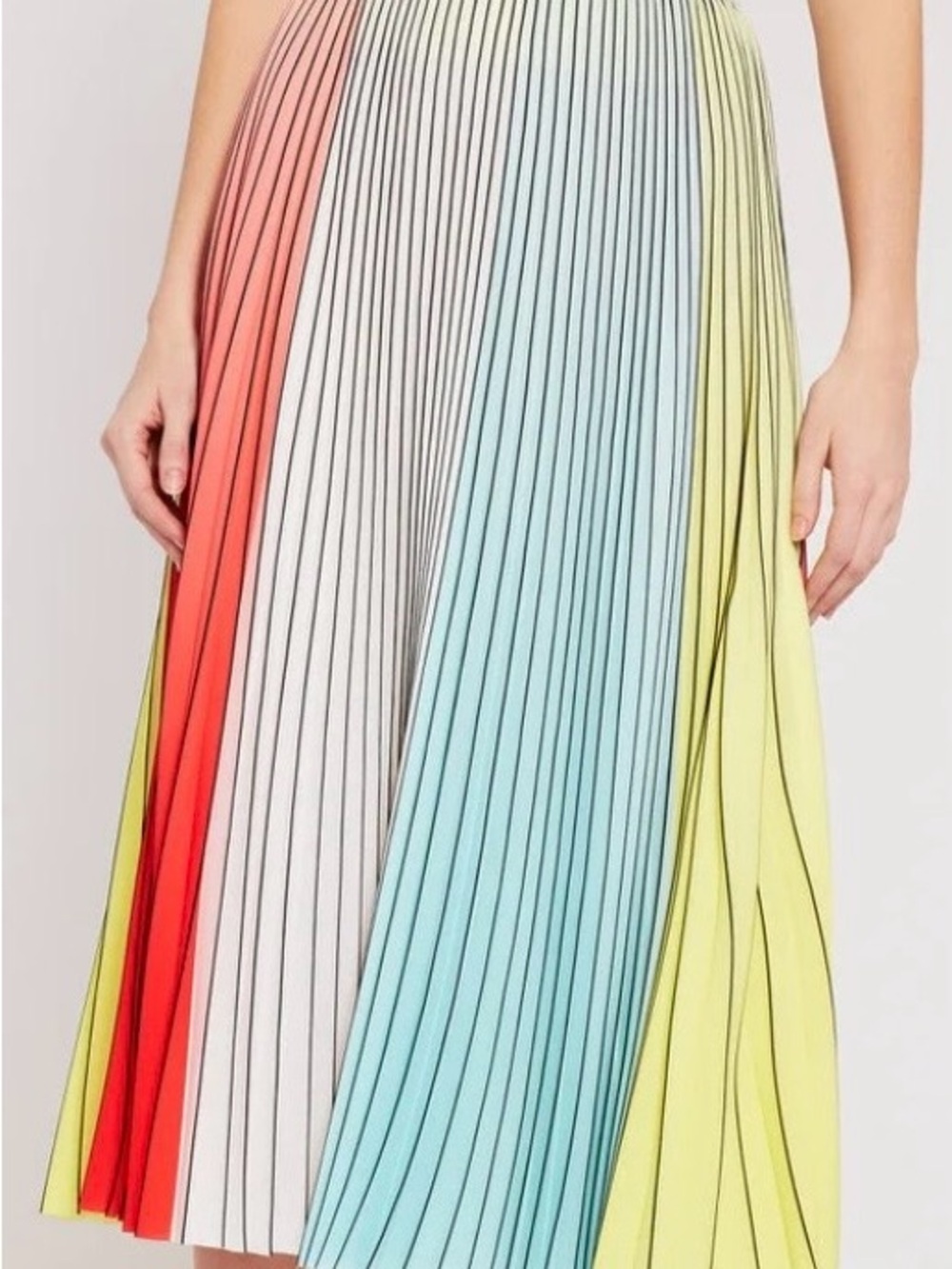 Alice + Olivia Multicolor Pleated Midi Skirt in Red, Light Blue, Yellow